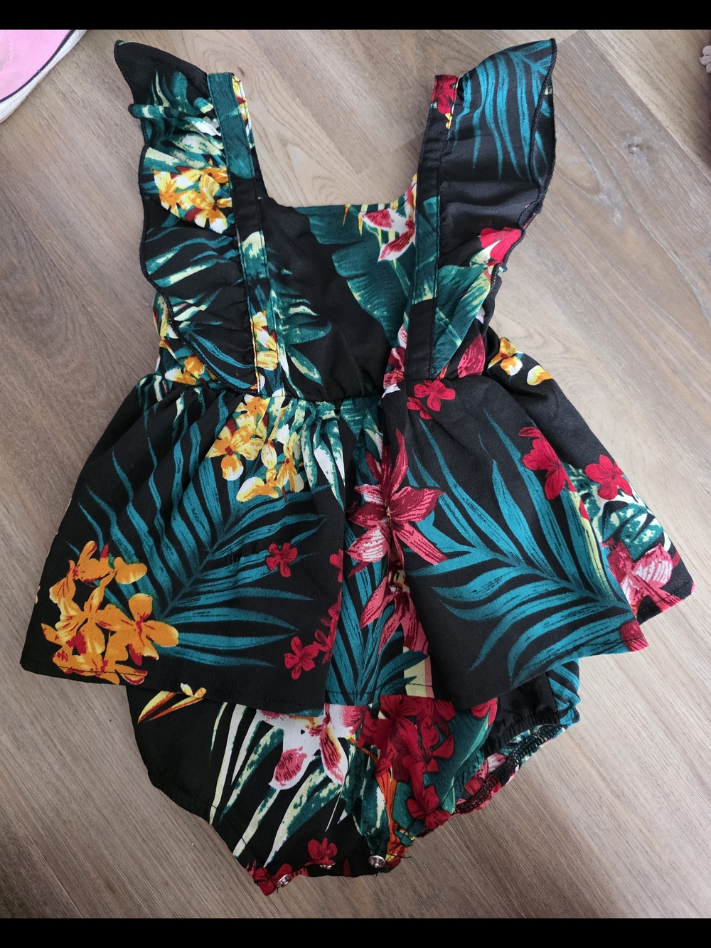 PatPat Black Floral Ruffle Baby One-Piece with Teal & Yellow Print
